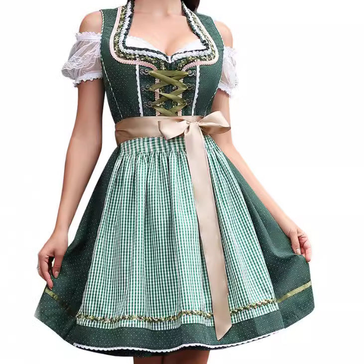 Damen  traditionelles Dirndlkleid mit Spitzenärmeln Miederkorsage und geraffter Schürze Drune