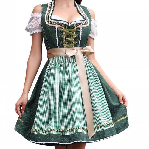 Damen  traditionelles Dirndlkleid mit Spitzenärmeln Miederkorsage und geraffter Schürze Drune