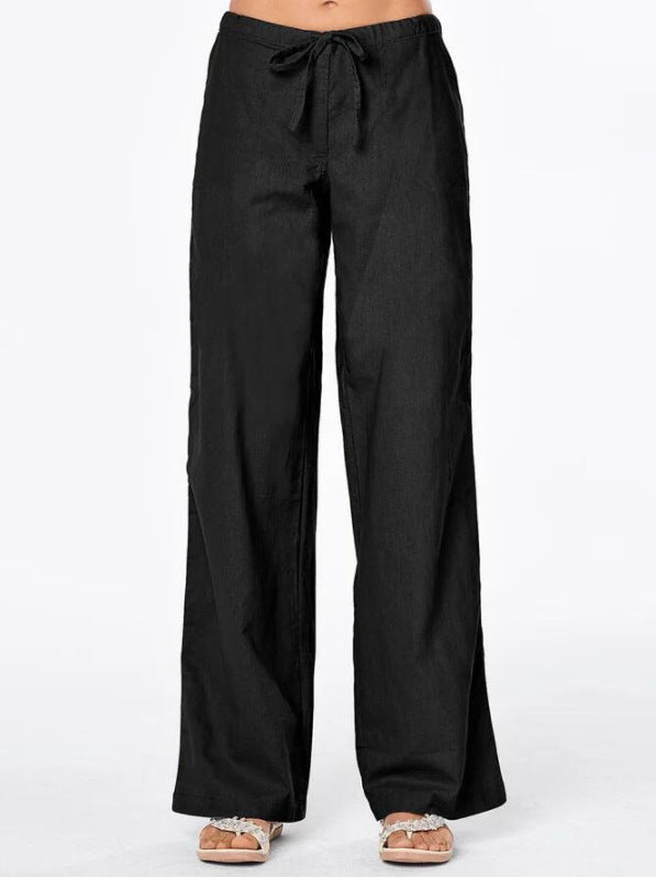 Damen weit geschnittene Leinenhose mit verstellbarem Bund und praktischen Taschen Drune