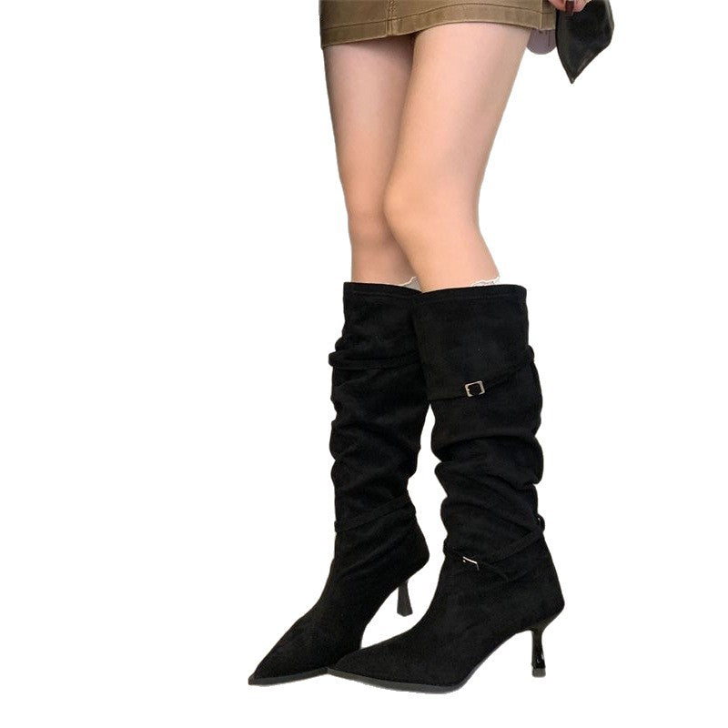 Damen kniehohe Slouch‑Stiefel mit spitzer Zehenform und schmalem Stiletto‑Absatz Drune