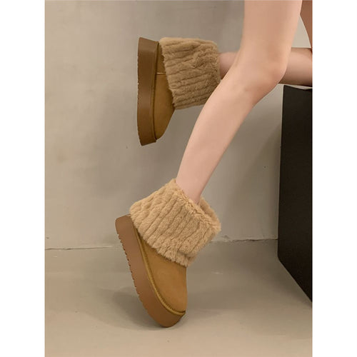 Damen Gefütterte Plateau-Ankle-Boots aus Veloursimitat mit umschlagbarem Kunstfellrand Drune