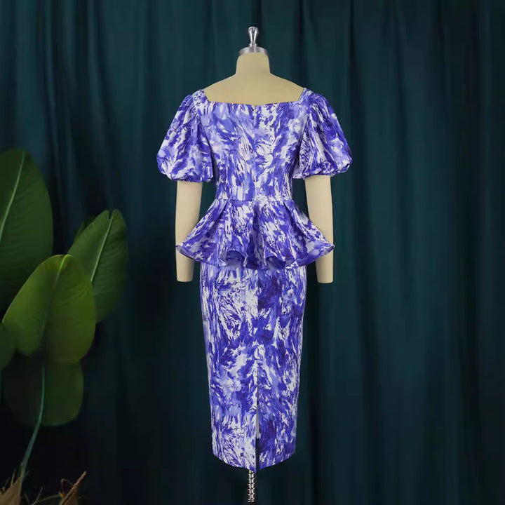 Damen elegantes Midikleid mit Puffärmeln und raffinierter Taille Drune