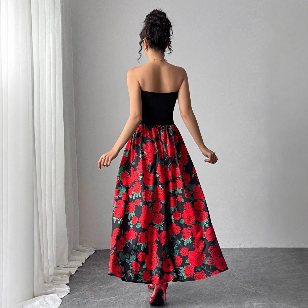 Damen nan trägerloses Maxikleid mit figurbetontem Bandeau-Oberteil und ausgestelltem Rosen-Print-Rock Drune