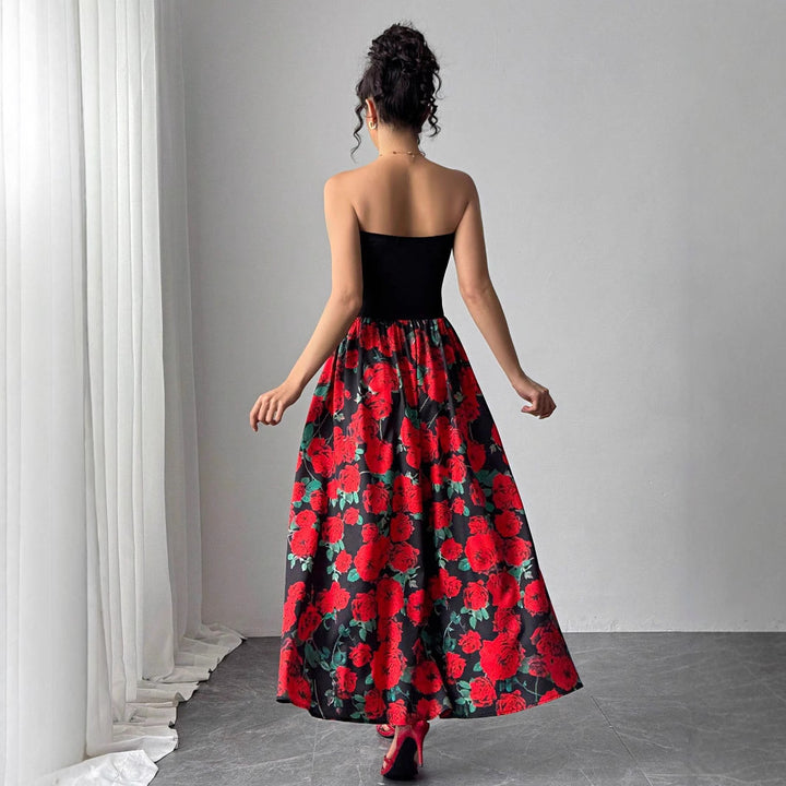 Damen nan trägerloses Maxikleid mit figurbetontem Bandeau-Oberteil und ausgestelltem Rosen-Print-Rock Drune