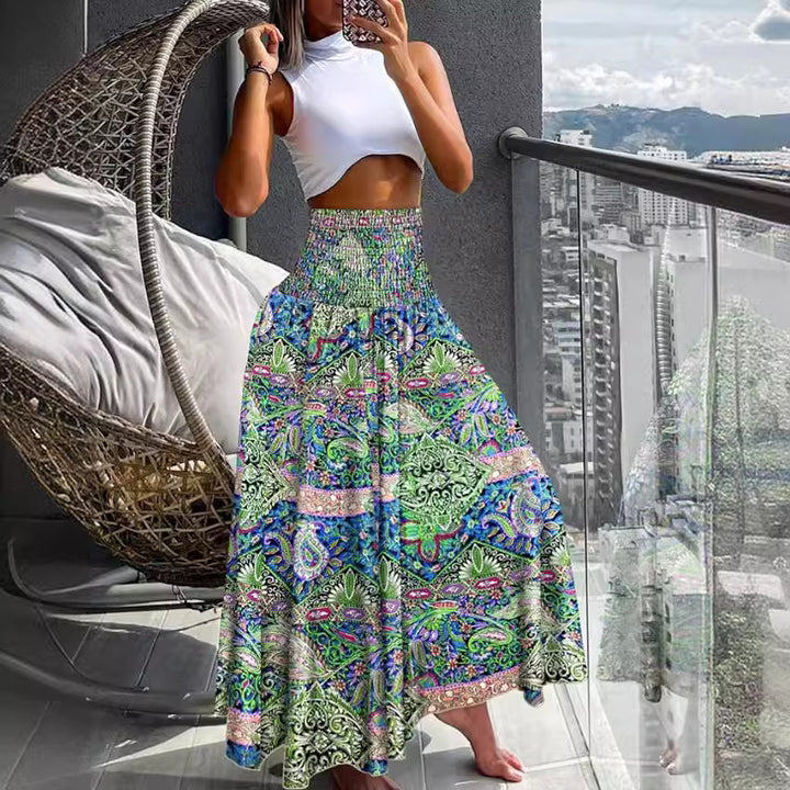 Damen nan Maxirock mit hoher Smok-Taillenpartie und fließender Boho-Faltenoptik Drune
