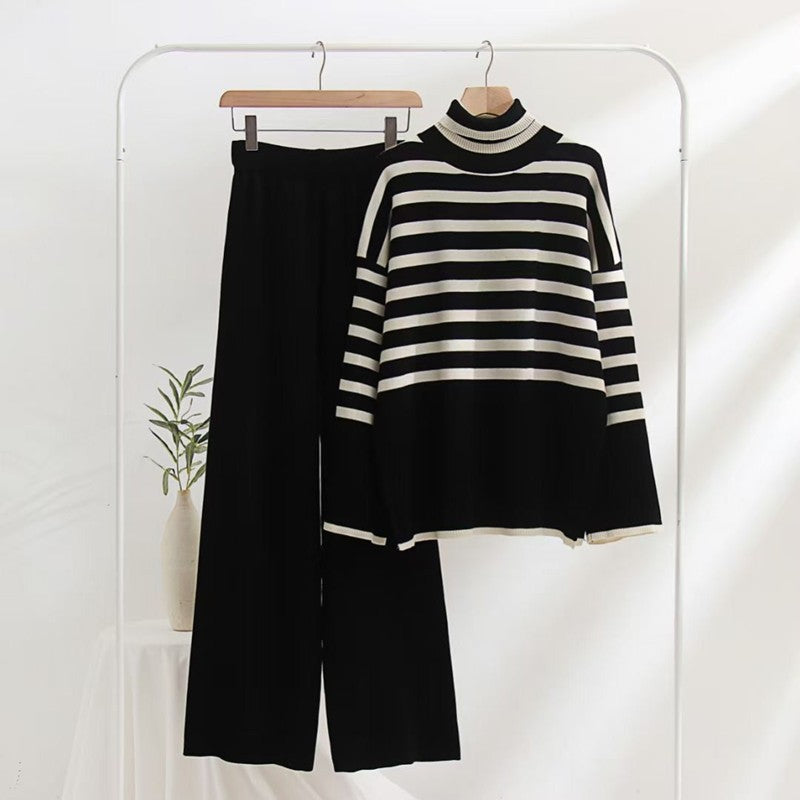 Damen gestreifter Strickpullover mit weiter Passform und hohen Kragen Drune