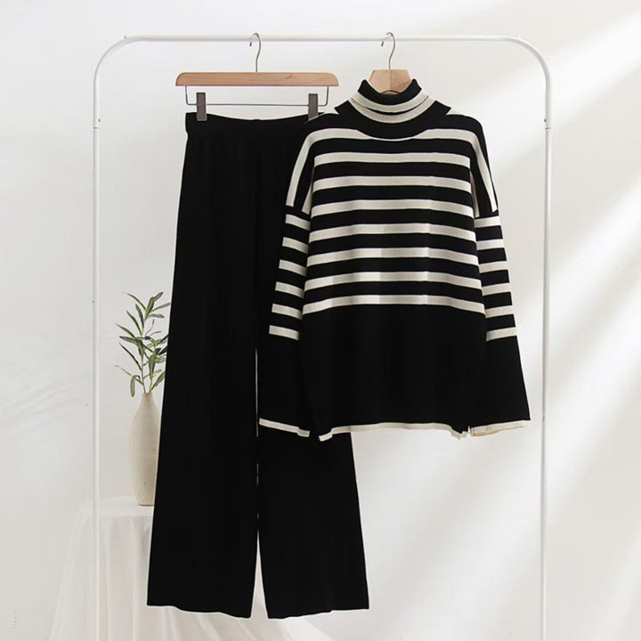 Damen gestreifter Strickpullover mit weiter Passform und hohen Kragen Drune
