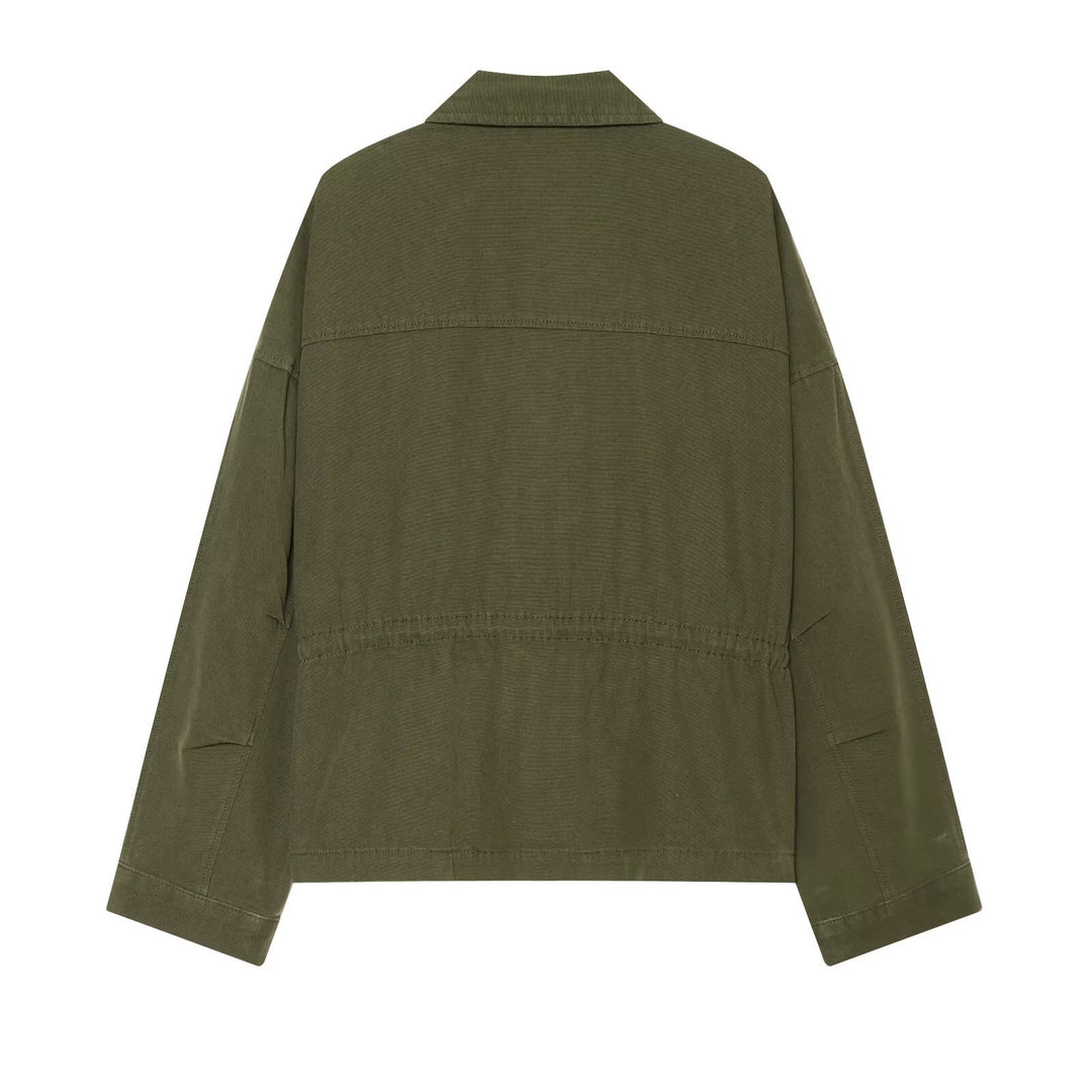 Damen Kurzgeschnittene Utility-Blousonjacke mit Stehkragen Pattentaschen und durchgehendem Reißverschluss Drune