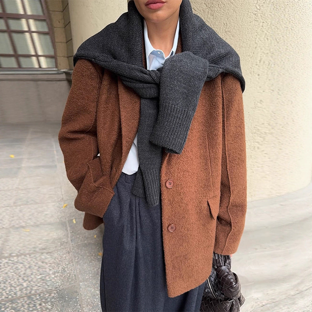 Damen Boxy-Wollmix-Kurzmantel mit strukturierter Oberfläche, Reverskragen & Pattentaschen Drune