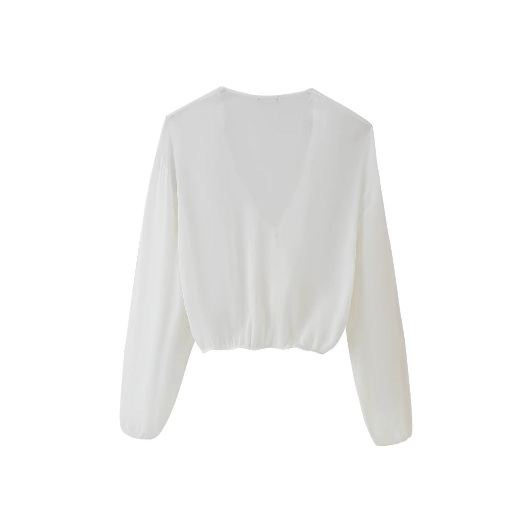 Damen Bluse mit romantischen Rüschen und tiefem V-Ausschnitt Drune