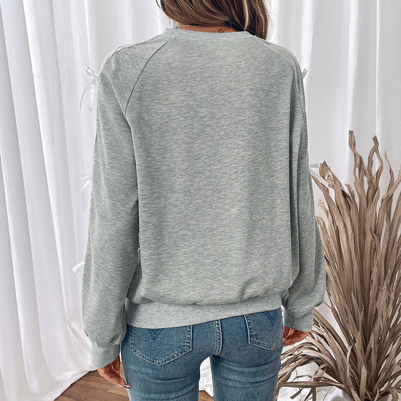 Damen Lässiges Sweatshirt mit Spitzenborte und Zierschleifen an Ärmeln Drune