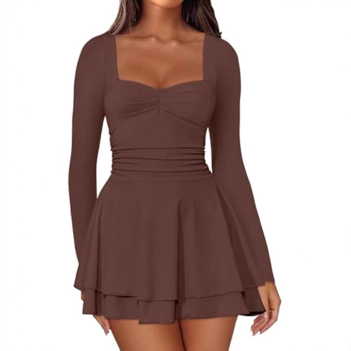 Damen Langarm-Minikleid mit quadratischem Ausschnitt, taillierter Raffung und zweilagigem Volantrock Drune