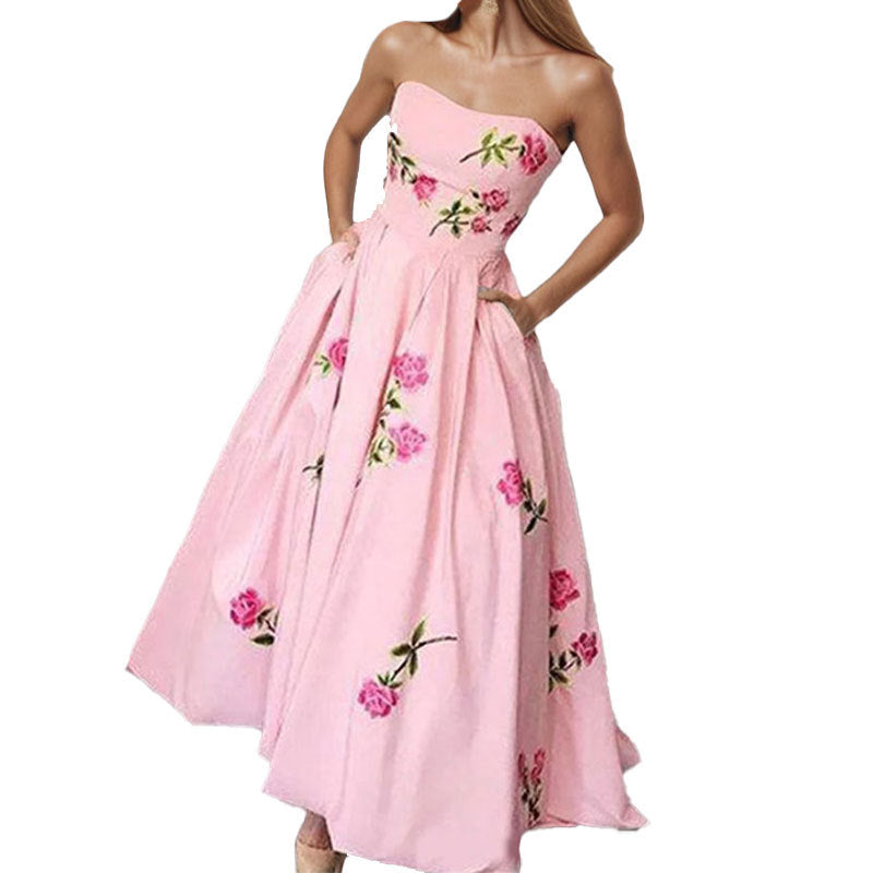 Damen Elegantes Strapless Maxikleid mit floralem Design und seitlichen Taschen Drune