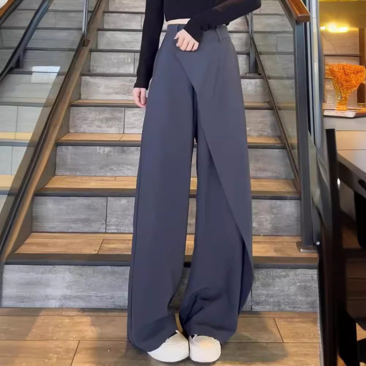 Damen elegante Weitbein-Hose mit asymmetrischem Schnitt und hohem Bund Drune