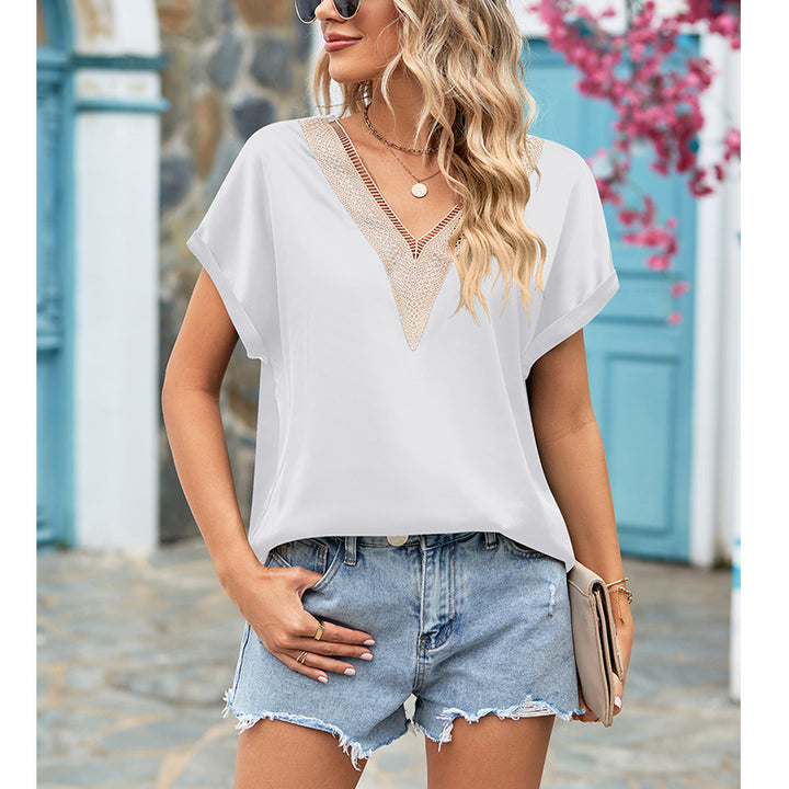 Damen Bluse mit tiefem V-Ausschnitt und Häkelakzenten Drune