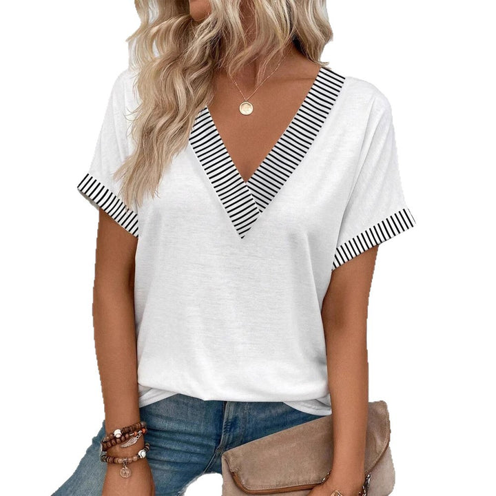 Damen nan lässiges T-Shirt mit tiefem V-Ausschnitt und gestreiften Kontrastblenden Drune