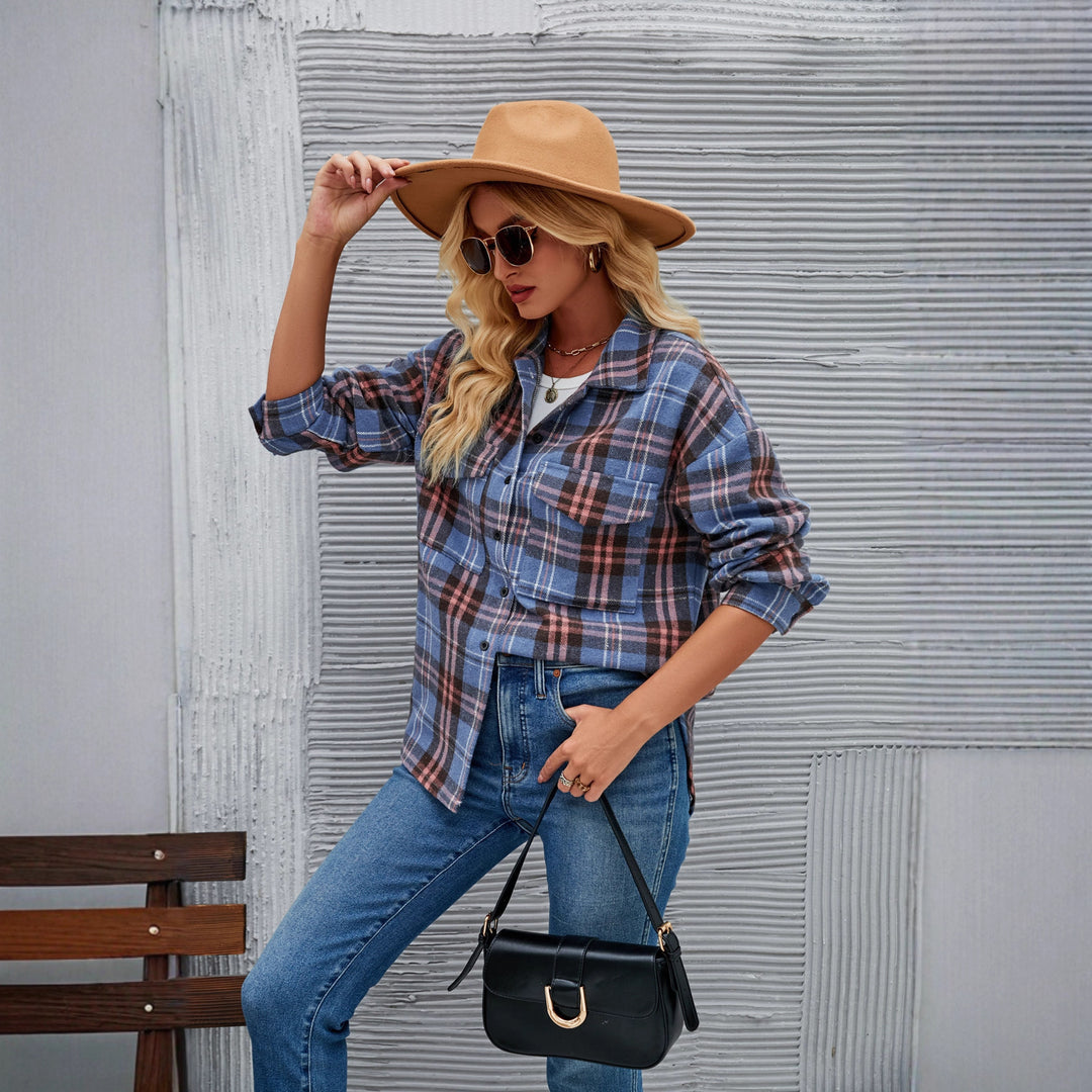 Damen Flanell-Hemdjacke mit kariertem Muster und praktischem Taschen-Design Drune