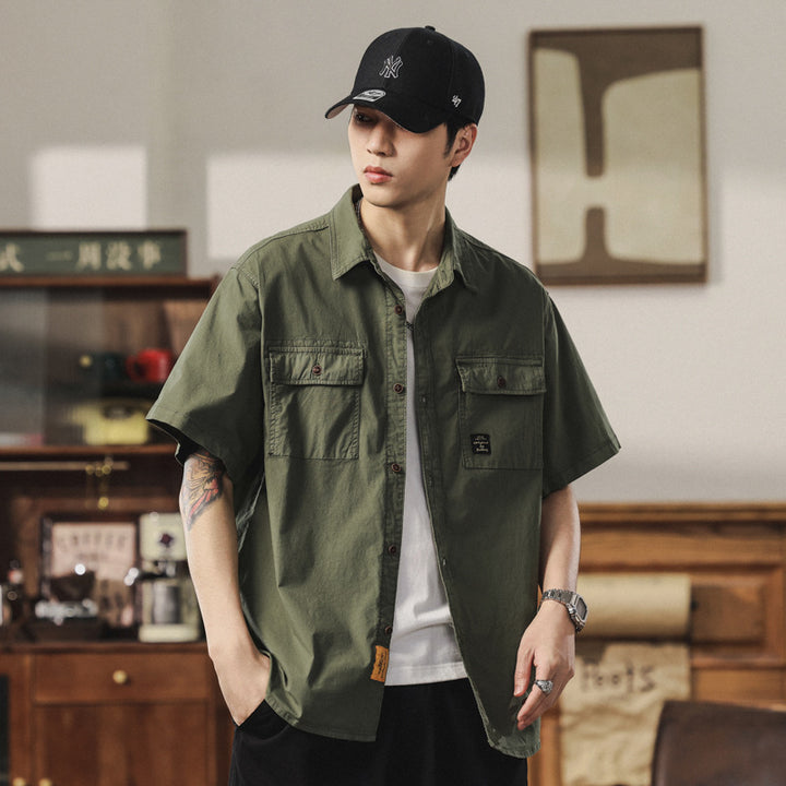 Herren Kurzarm-Fieldshirt im Overshirt-Look mit doppelten Brustklappen, verstärkten Nähten und gerundetem Saum Drune