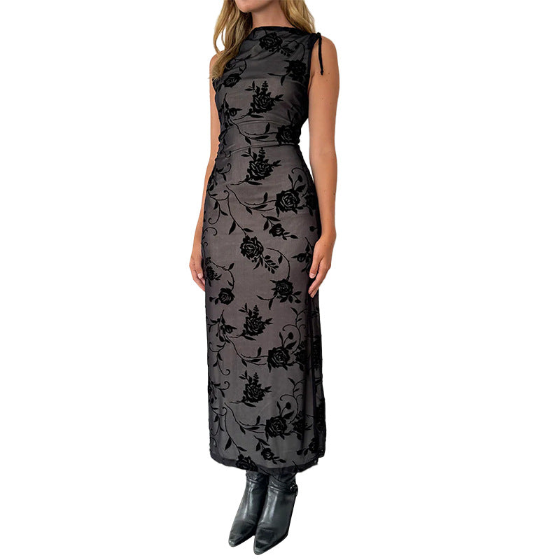 Damen Elegantes Maxikleid mit floralem Spitzenmuster und ärmellosem Design Drune