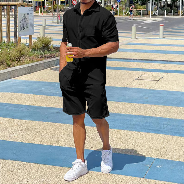Herren nan legeres Resort-Zweiteiler mit offenem Kurzarm-Hemd, Brusttasche und elastischer Bermuda Drune