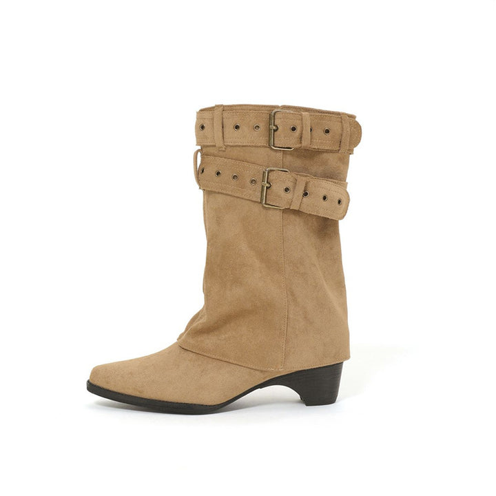 Damen Slouch-Stiefel mit spitzer Zehenpartie, Schnallenriemen und niedrigem Absatz Drune