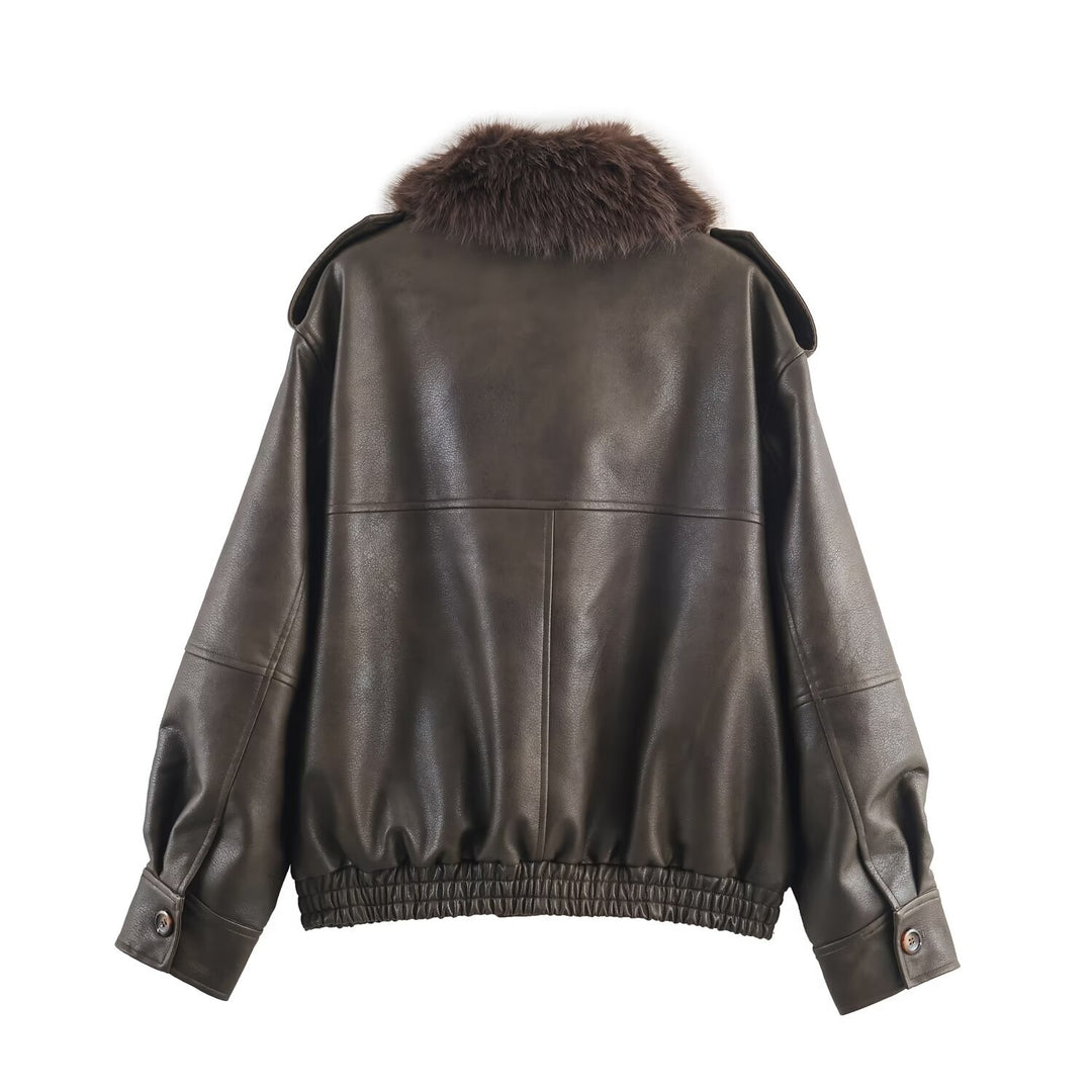Damen Kunstlederjacke mit abnehmbarer Kunstfellkragen und praktischen Taschen Drune