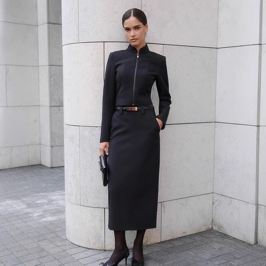 Damen Elegantes Etuikleid mit schmalem Stehkragen und Reißverschluss Drune