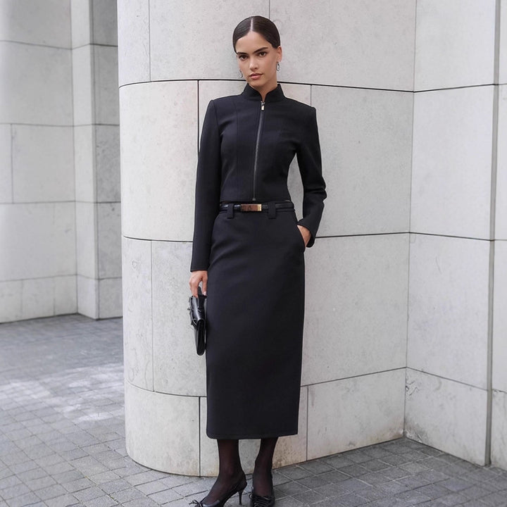 Damen Elegantes Etuikleid mit schmalem Stehkragen und Reißverschluss Drune