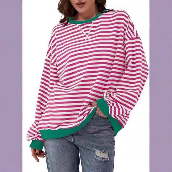 Damen Lässiges Oversize-Streifen-Sweatshirt mit Raglanärmeln und Kontrastbündchen Drune