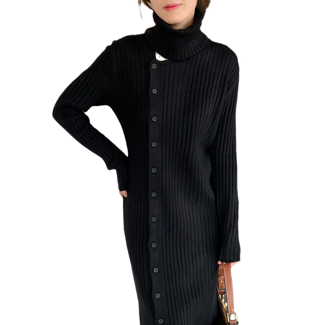 Damen Strickkleid mit weitem Rollkragen und durchgehender Knopfleiste Drune