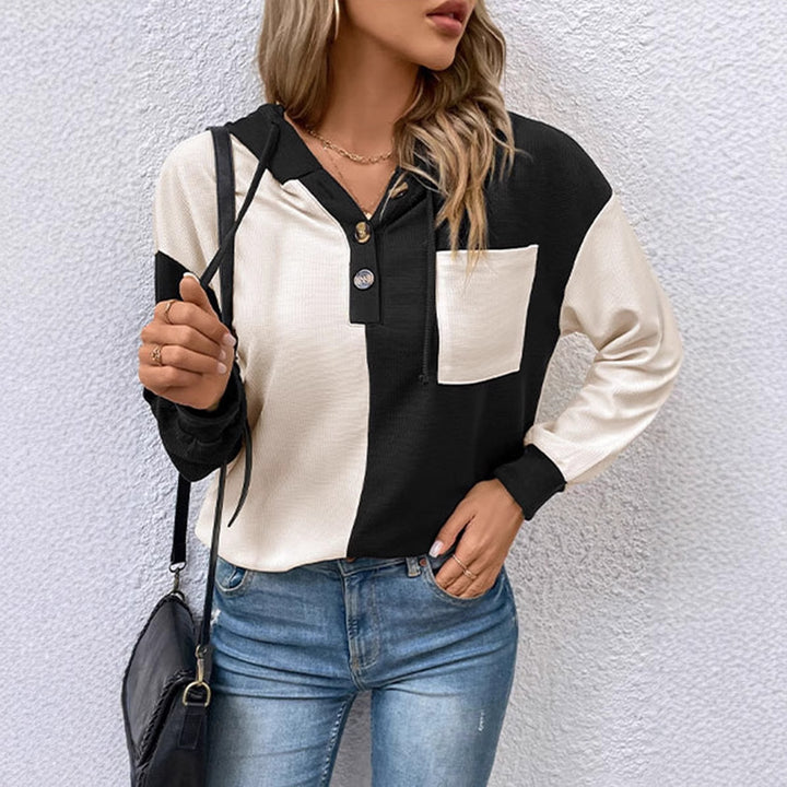 Damen nan Waffelstrick-Hoodie mit Henley-Knöpfen, Brusttasche und Kapuze Drune