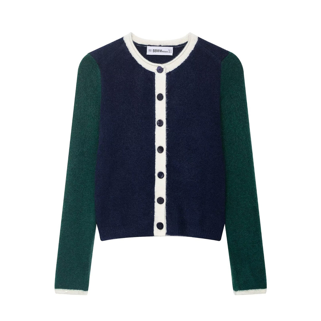 Damen elegante Strickjacke mit kontrastierenden Ärmeln Drune