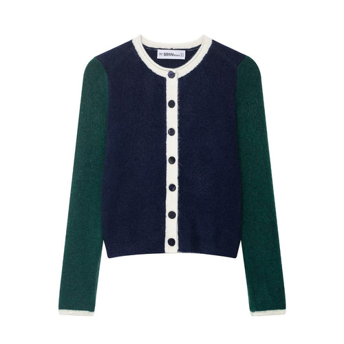 Damen elegante Strickjacke mit kontrastierenden Ärmeln Drune