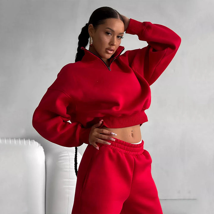 Damen Zweiteiliges Cropped-Halbzip-Sweatset mit Stehkragen und elastischer High-Waist-Jogginghose Drune