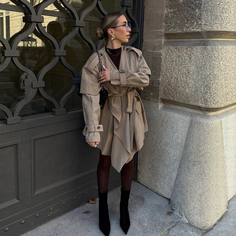 Damen Kurzer Asymmetrischer Wickelmantel mit Volant-Overlay und Bindegürtel Drune