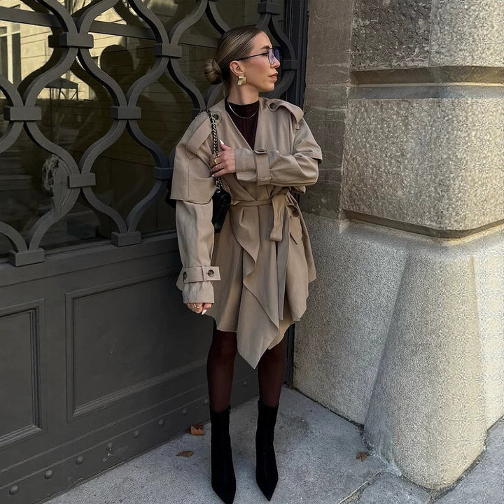 Damen Kurzer Asymmetrischer Wickelmantel mit Volant-Overlay und Bindegürtel Drune