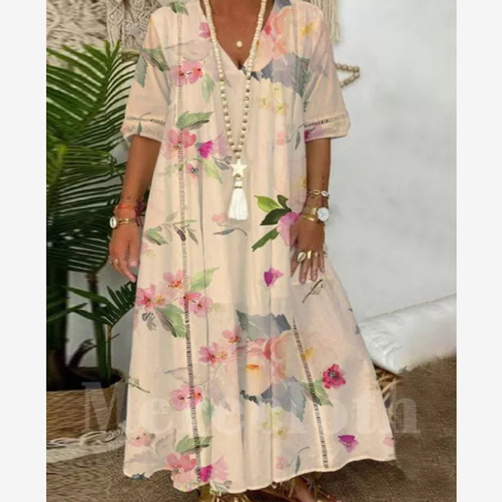 Damen nan locker fließendes Kaftan-Midimaxikleid mit V-Ausschnitt, ajourbesetzten Bahnen und leichter Leinenmisch-Qualität Drune