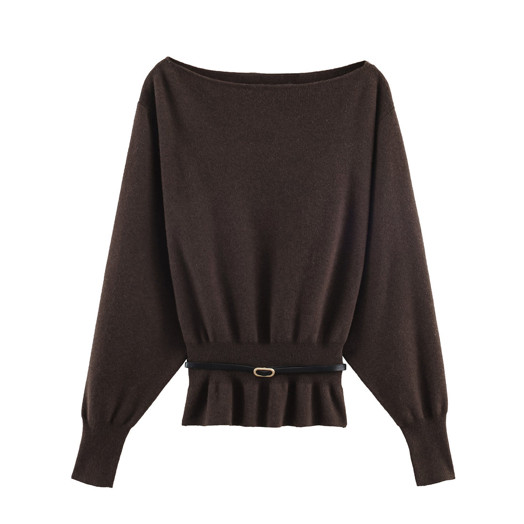 Damen Oversize-Strickpullover mit U-Boot-Ausschnitt, Fledermausärmeln, gerafftem Rippbund und Taillengürtel Drune