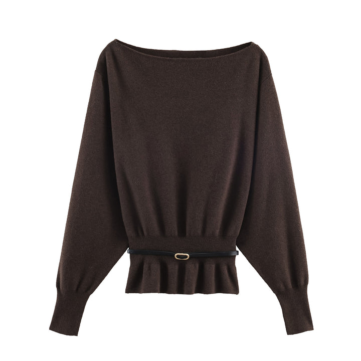 Damen Oversize-Strickpullover mit U-Boot-Ausschnitt, Fledermausärmeln, gerafftem Rippbund und Taillengürtel Drune