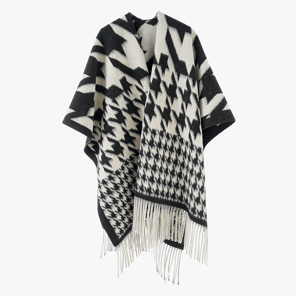 Damen Wollmix-Poncho mit Hahnentritt-Muster und Fransensaum Drune