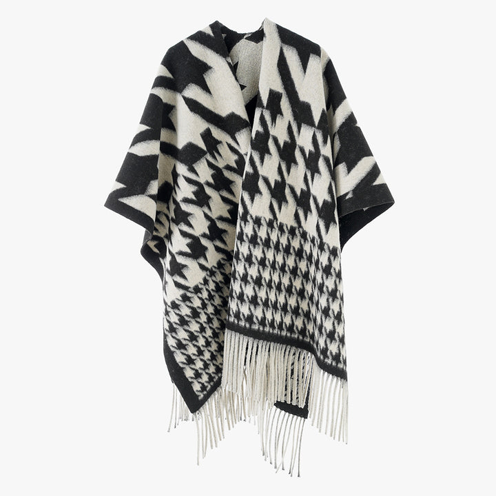Damen Wollmix-Poncho mit Hahnentritt-Muster und Fransensaum Drune