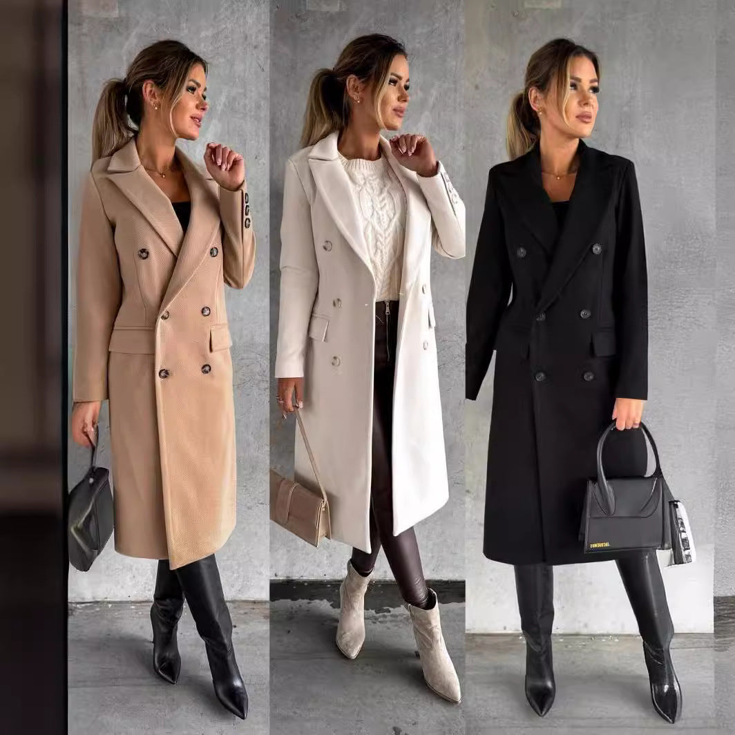 Damen Eleganter Doppelreiher-Mantel mit strukturiertem Stoff und taillierbarem Gürtel Drune