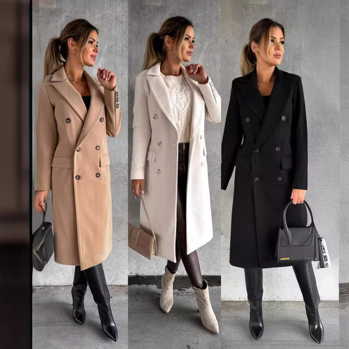 Damen Eleganter Doppelreiher-Mantel mit strukturiertem Stoff und taillierbarem Gürtel Drune