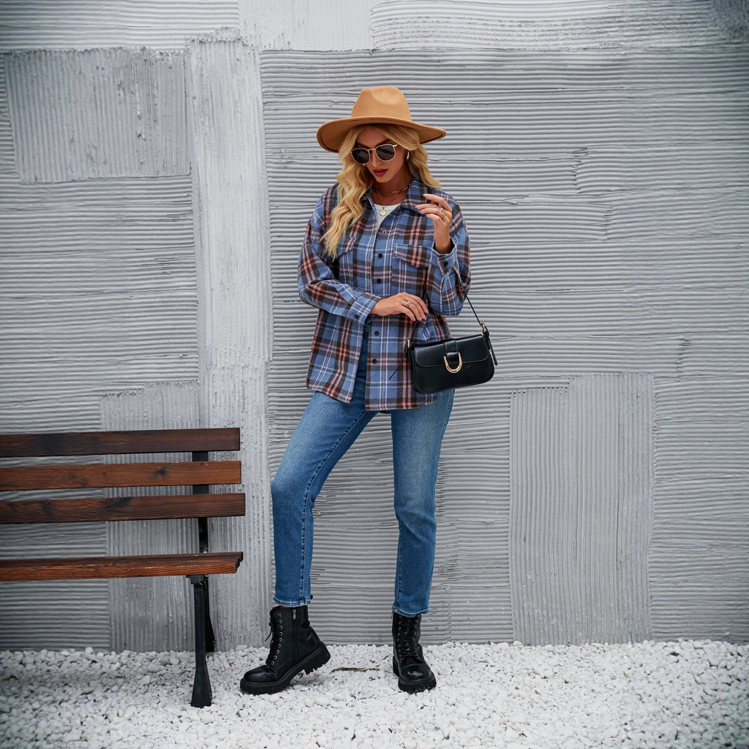 Damen Flanell-Hemdjacke mit kariertem Muster und praktischem Taschen-Design Drune