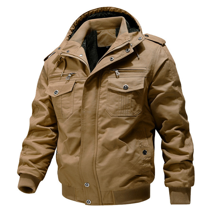 Herren Wasserabweisender Canvas-Bomber mit wärmender Sherpa-Innenlage, Kapuze und Utility-Taschen Drune
