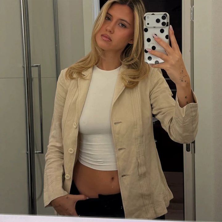 Damen Leichter strukturierter Leinenblazer mit Relaxed‑Fit, Ein-Knopf‑Verschluss & aufgesetzten Taschen Drune