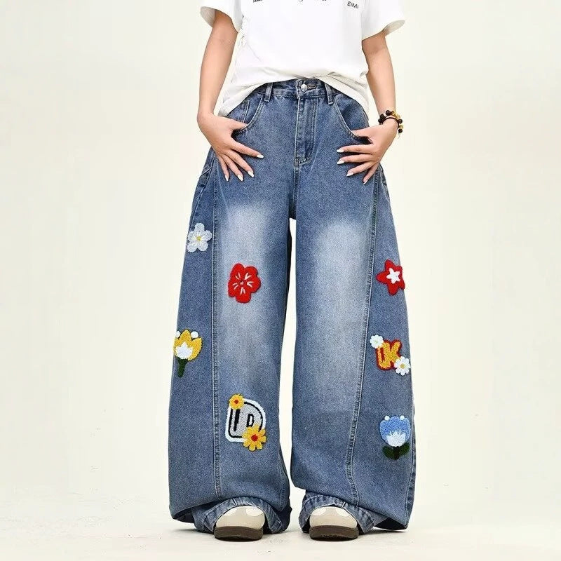 Damen Weitgeschnittene Blumen-Applikationen Jeans Drune