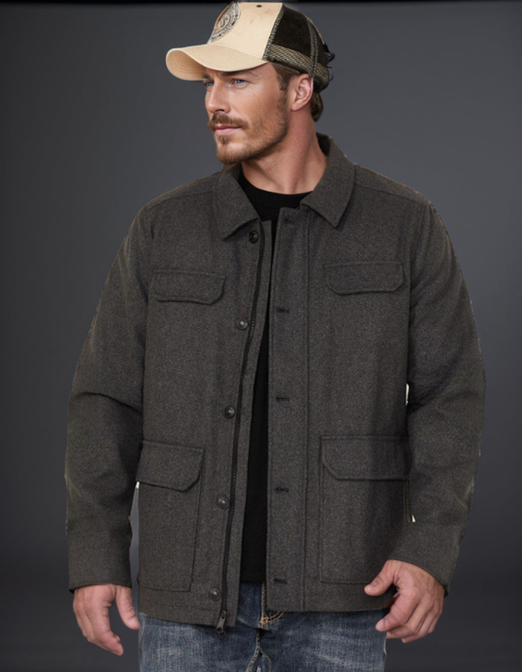 Herren Woll-Fieldjacke mit vier Pattentaschen und Hemdkragen Drune