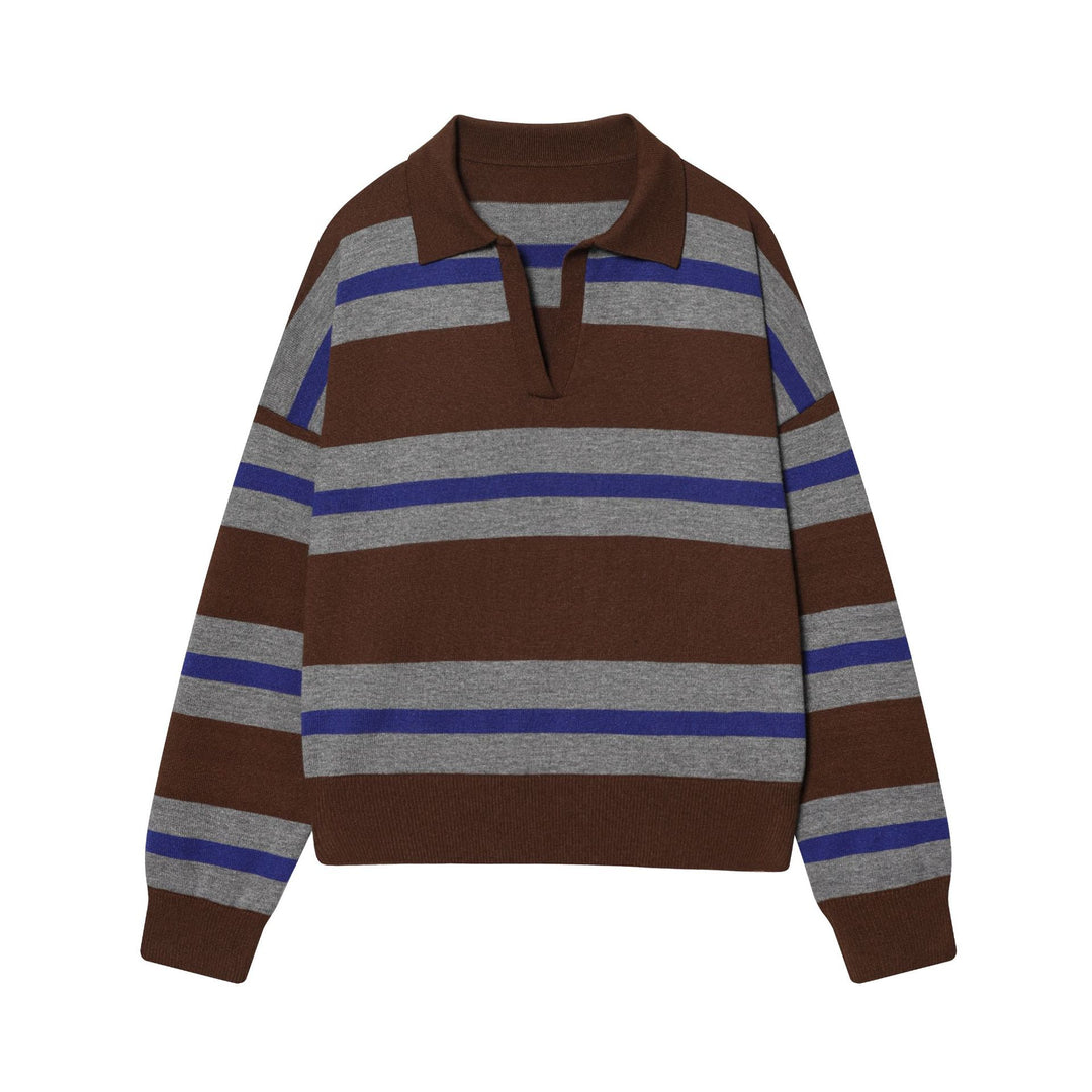 Damen nan gestreifter Rugby-Pullover mit Polokragen, offenem V‑Ausschnitt und breitem Rippbund Drune