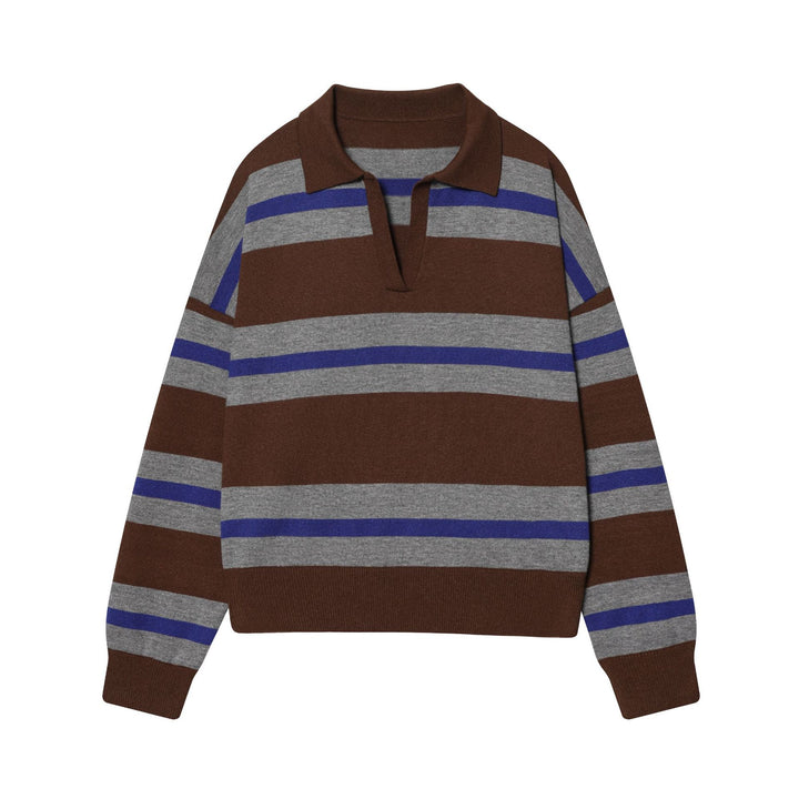 Damen nan gestreifter Rugby-Pullover mit Polokragen, offenem V‑Ausschnitt und breitem Rippbund Drune